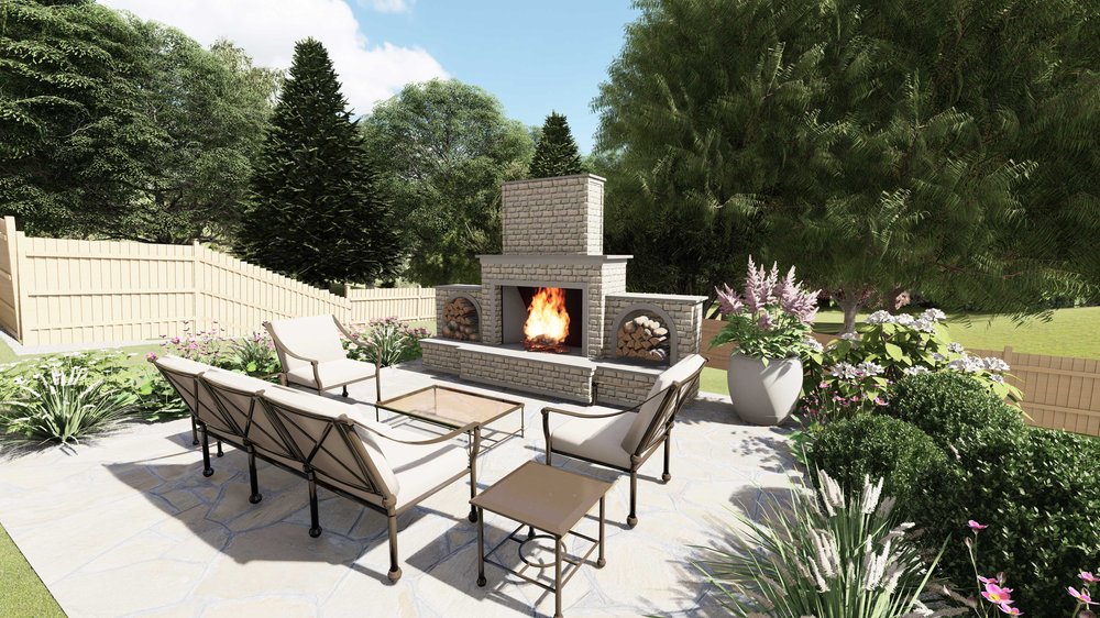 Boston courtyard showing patio with fire pit and plants