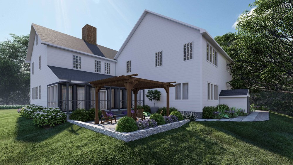 Boston yard with Pergola-covered Patio and plants