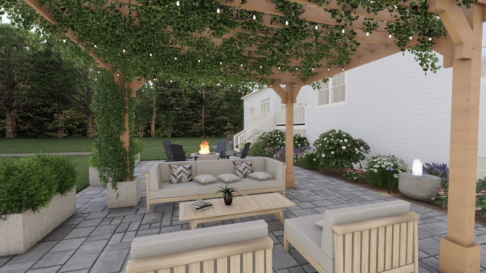 Boston yard with pergola-covered paver patio