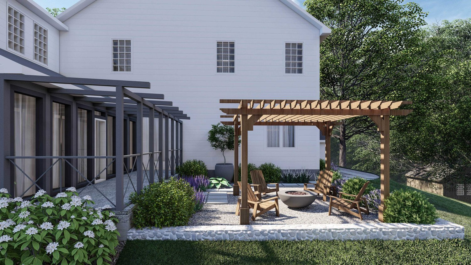 Cambridge backyard patio with a pergola and graveled floors