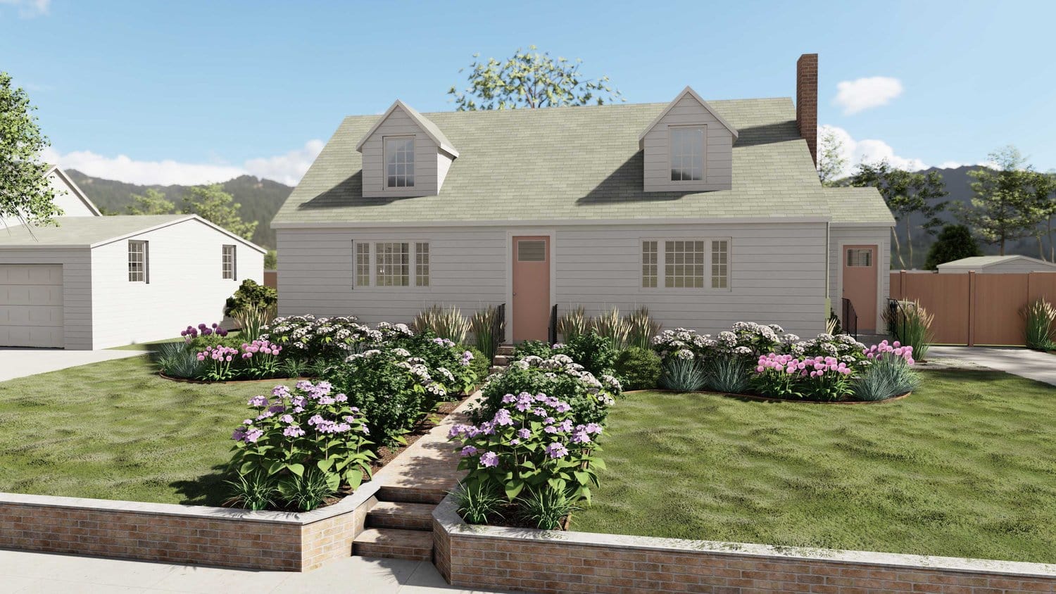 Cambridge front yard with beautiful flowers and grass and concrete steps in the middle