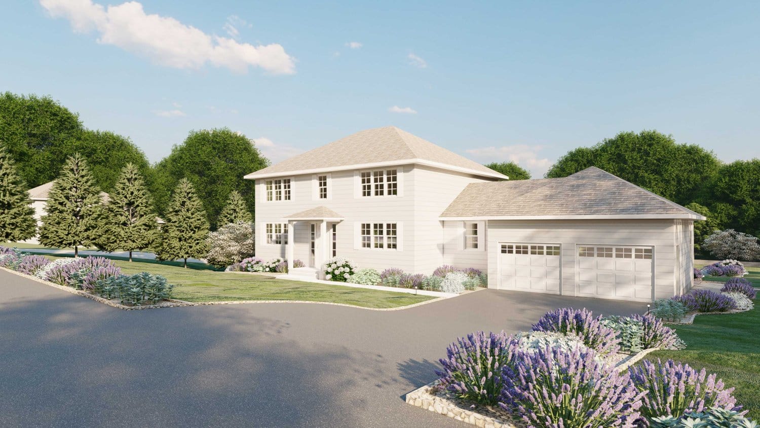 Cambridge front yard with asphalt drive way and beautiful lawn and trees