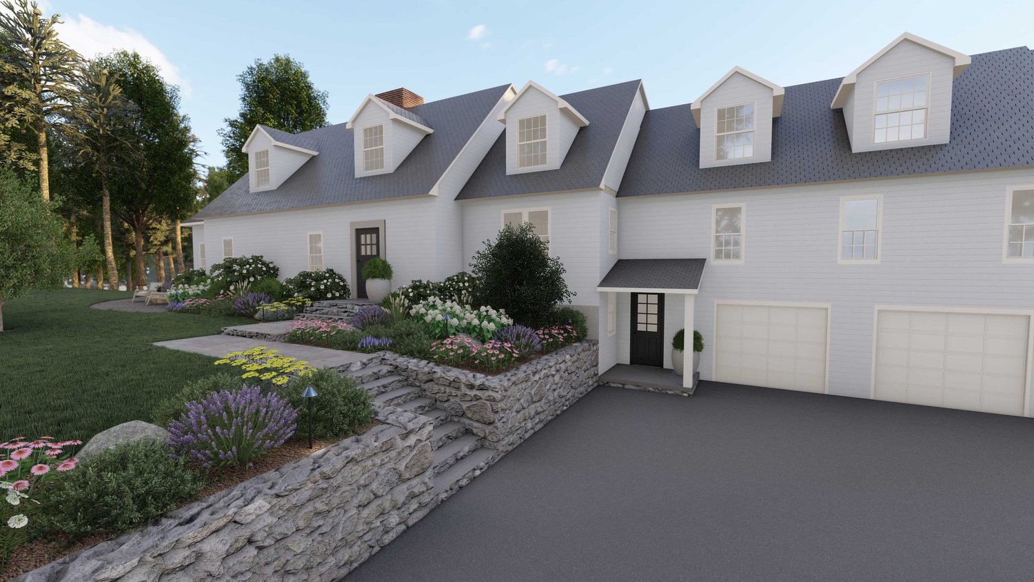 Cambridge front yard with asphalt and stone work with plants