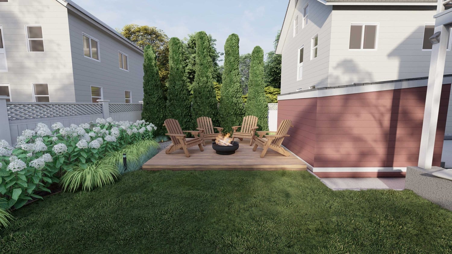 Cambridge yard with beautiful lawn and sitting area on a deck and fire pit