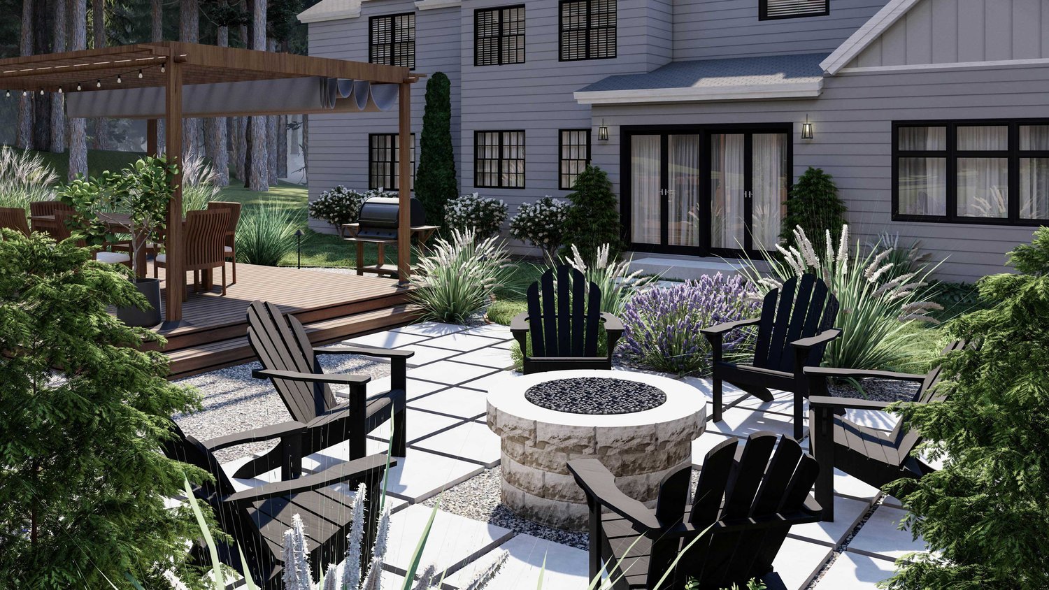 Close up of Cambridge patio with concrete and gravel floors with plants