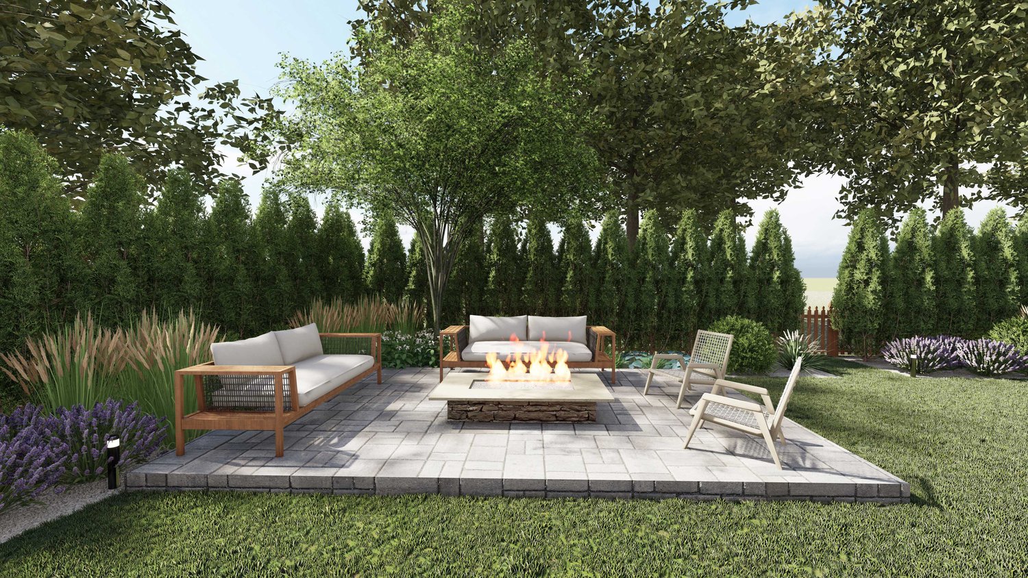 Cambridge patio with concrete floor, fire pit and plants around