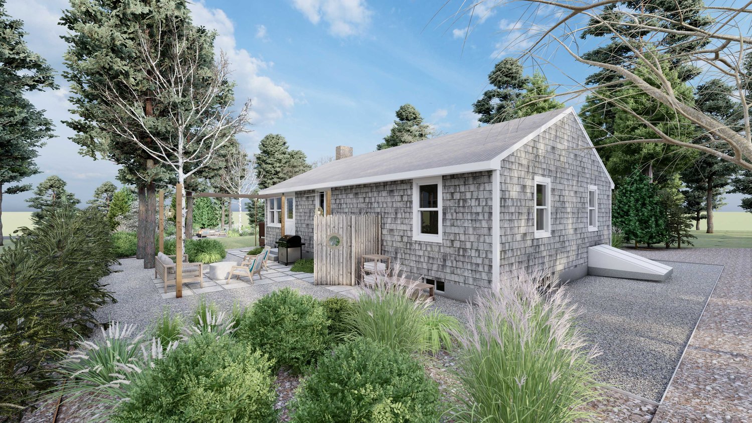 Cambridge side yard with patio and grilling unit with concrete floors