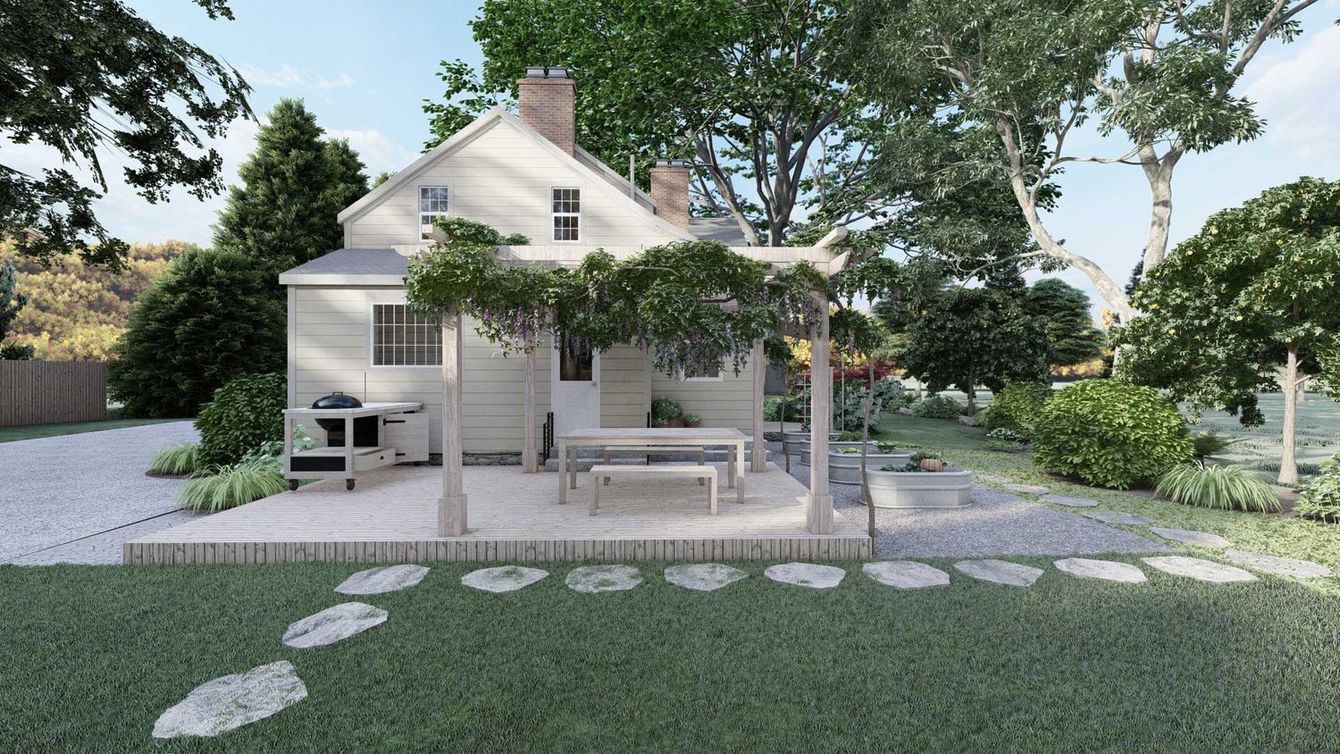 New Canaan yard with patio and pizza oven, lawn and paver