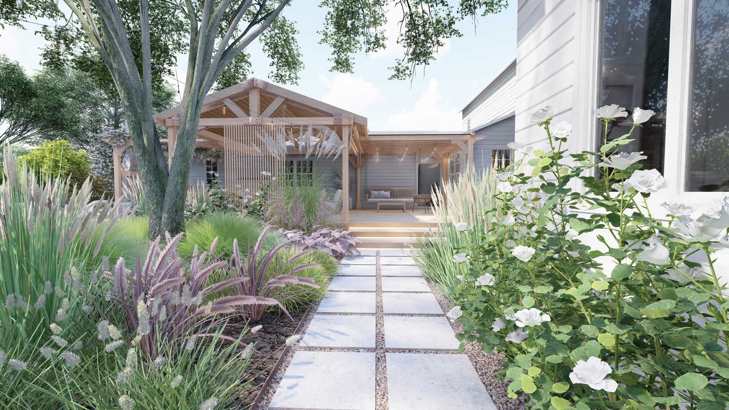 Charlotte side yard with plants on both sides of a paver pathway leading to deck patio with seating area