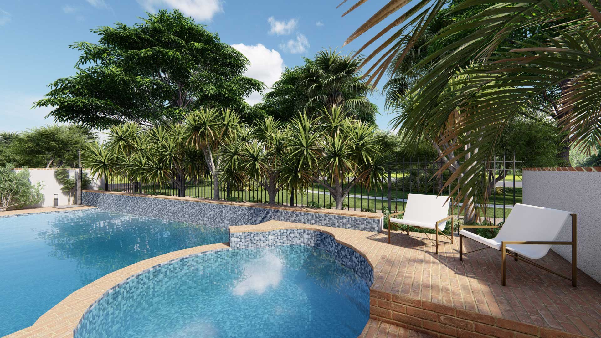 tiled pool with tropical plantings behind