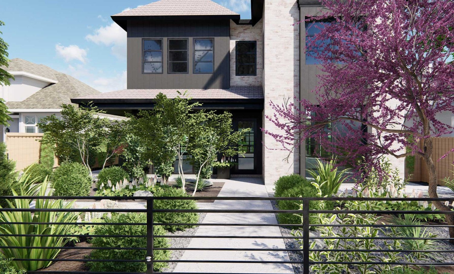 Denver front yard with plants enclosed in iron fence