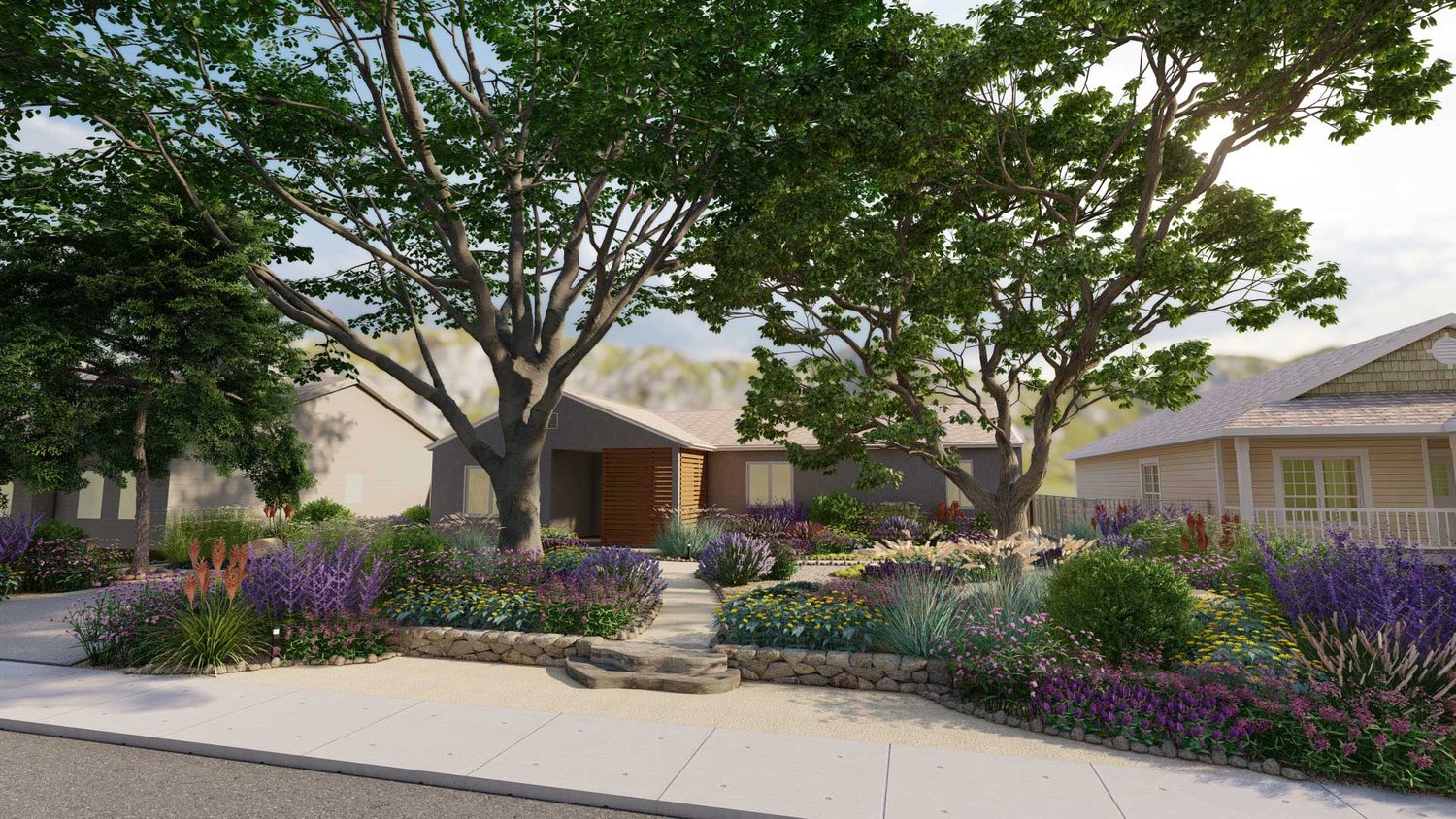 Denver front yard with stone work, pavement, trees and plants