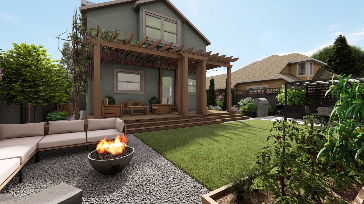 front yard showing a lawn and fire pit