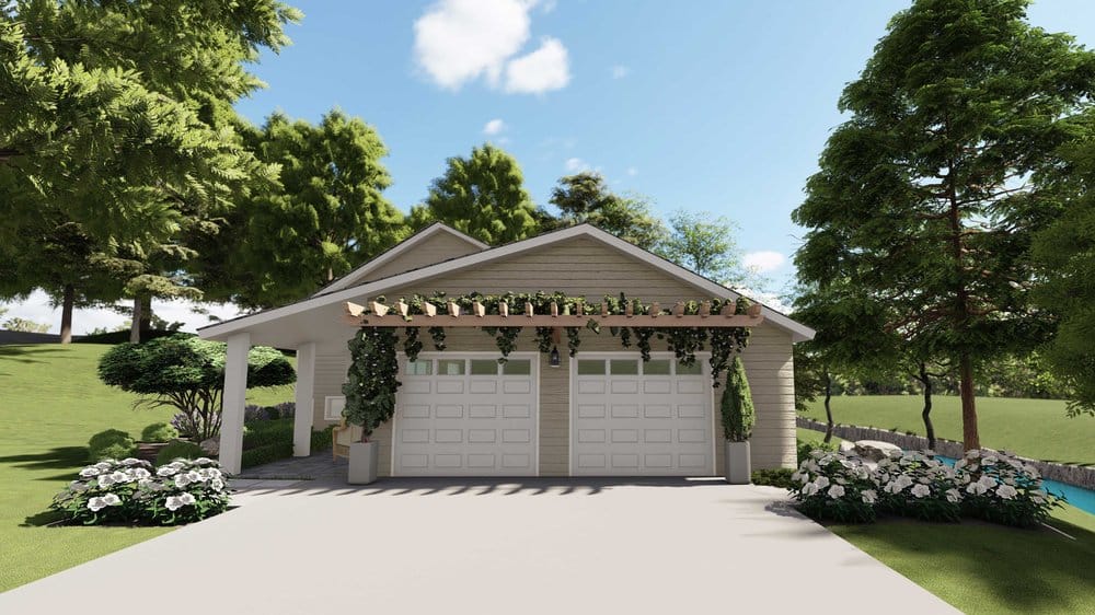 Greenwich front yard featuring a driveway and a trellis-covered garage