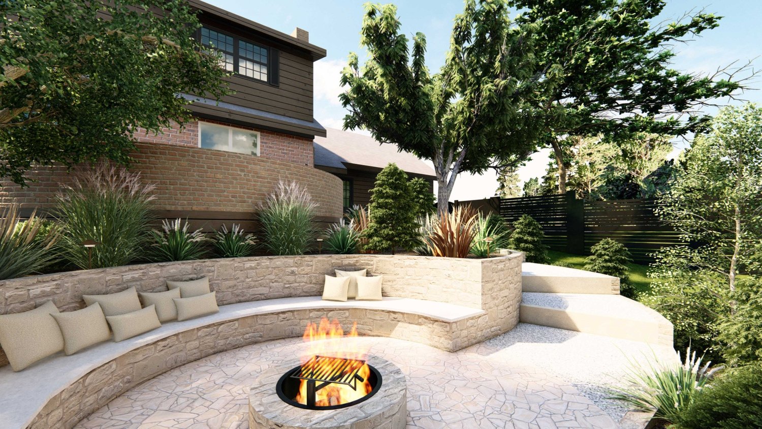 Milwaukee outdoor fire pit seating area with trees and shrubs