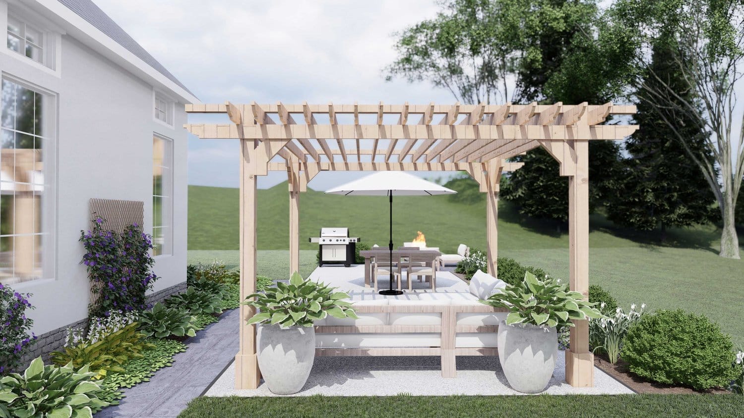 Milwaukee outdoor seating area with pergola, sunbrella, outdoor kitchen and plants