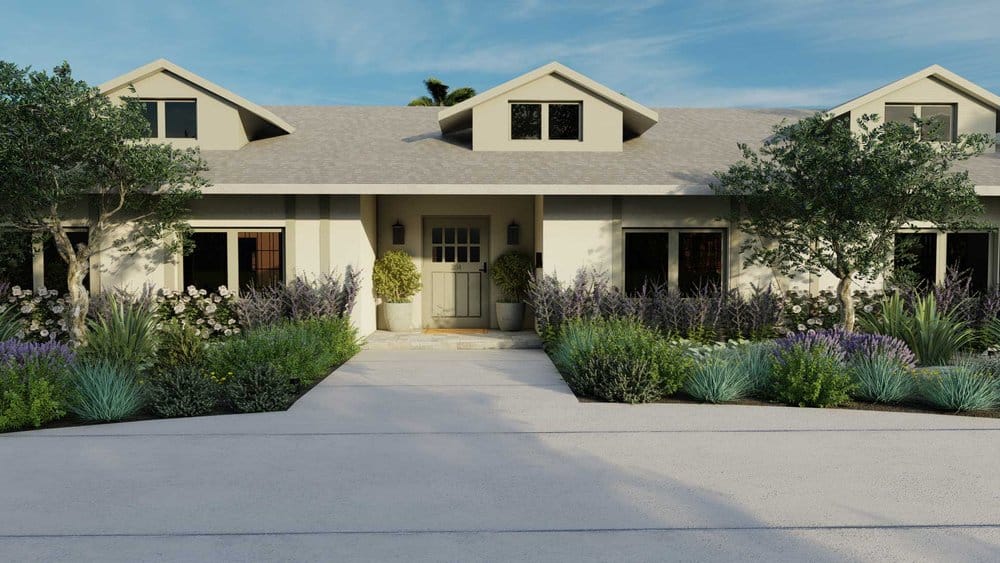 Paved Las Vegas front yard with plants