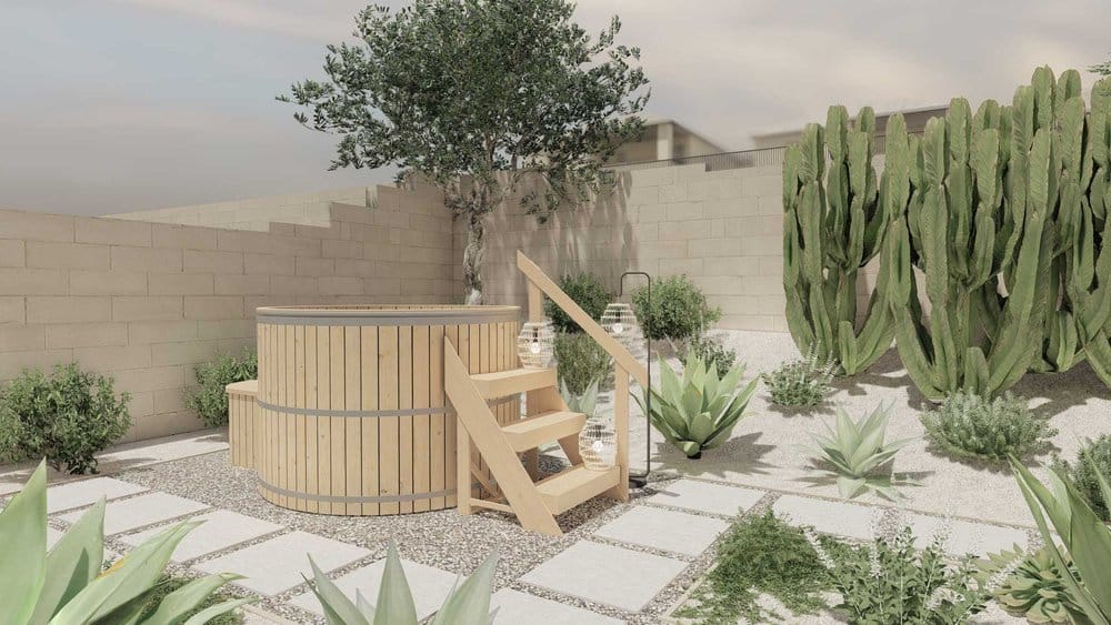 Fenced outdoor bathtub with succulent plants in Las Vegas