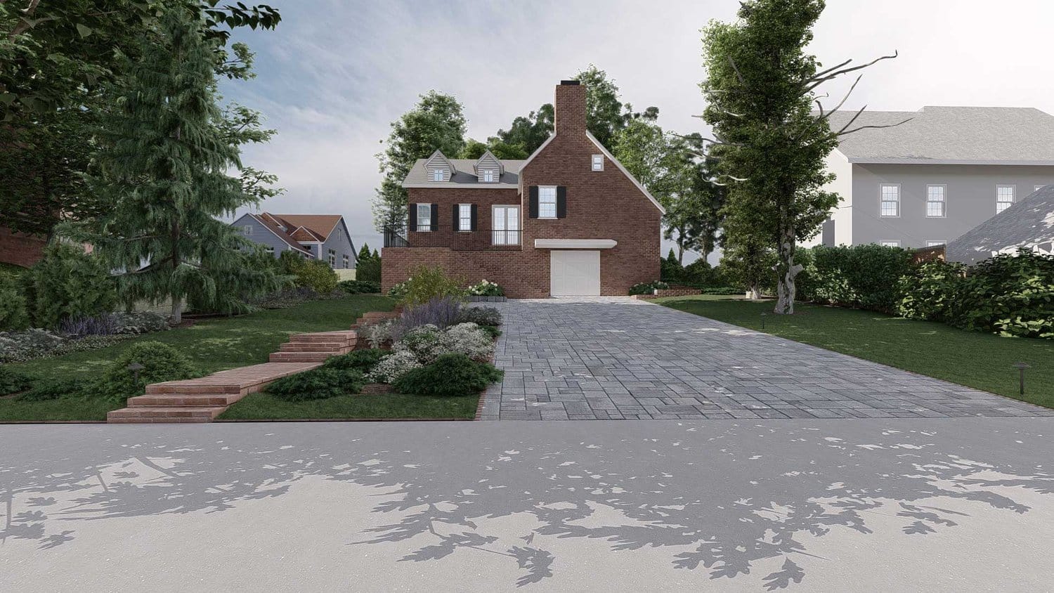 Long Island front yard with concrete paver driveway between two lawn areas, detailing a concrete paver stairway with tree and plants on the left lawn area, and tree and plants on the right lawn area