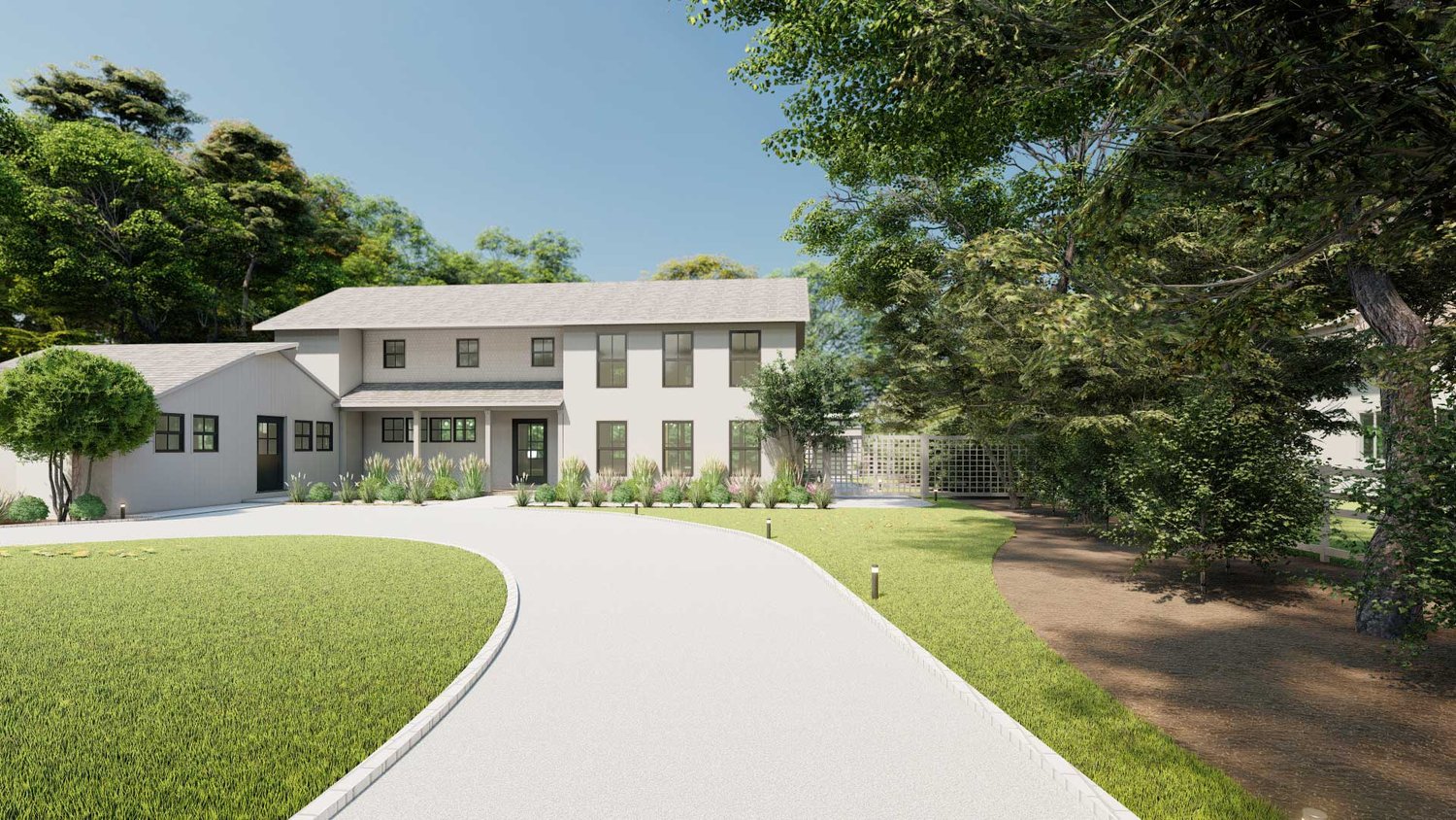 Long Island front yard with lawn, trees, plants and concrete driveway