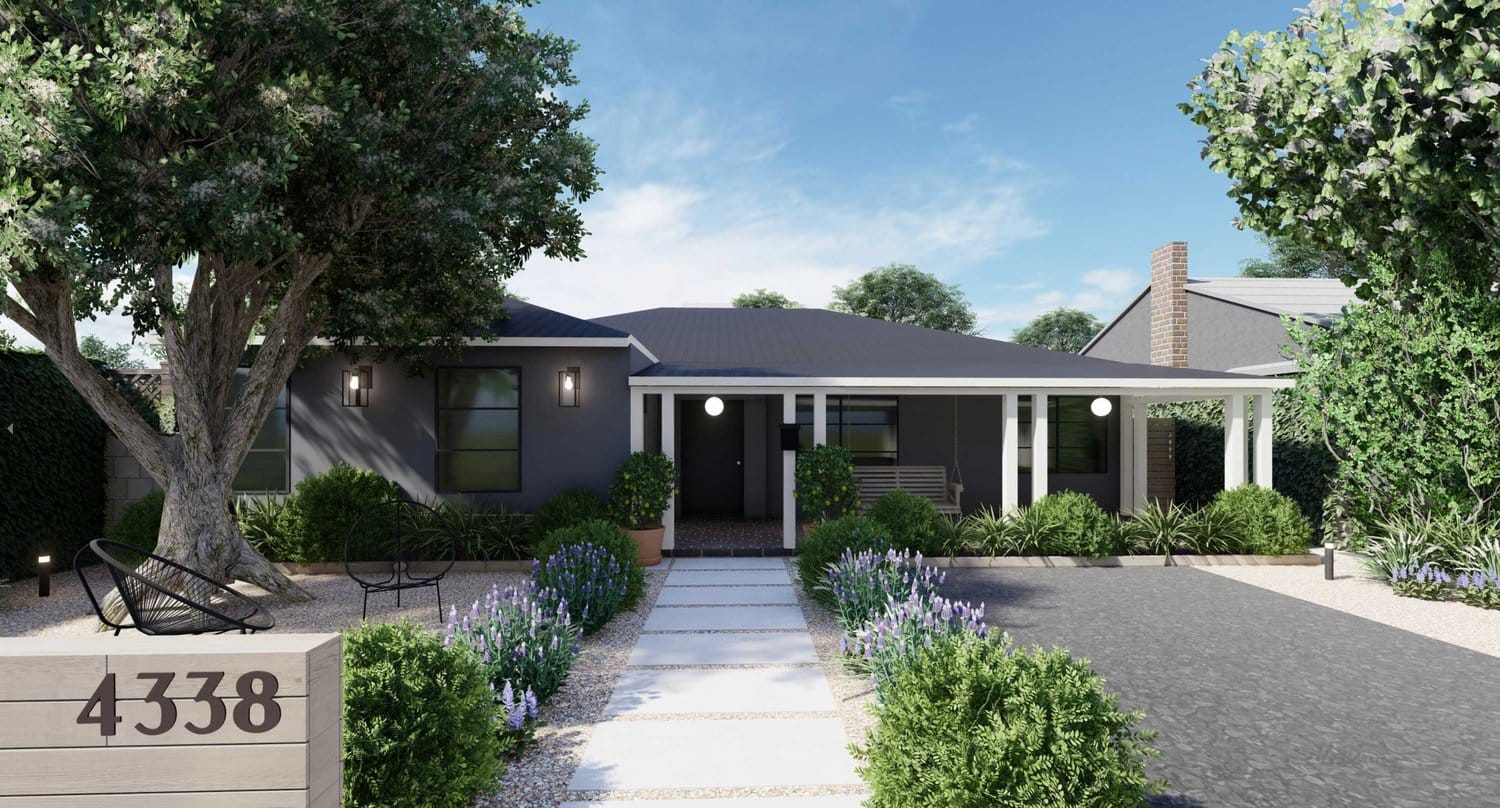 Los Angeles front yard with paver walkway, alongside drought tolerant plants on either side, trees and low armchairs in gravel covered ground