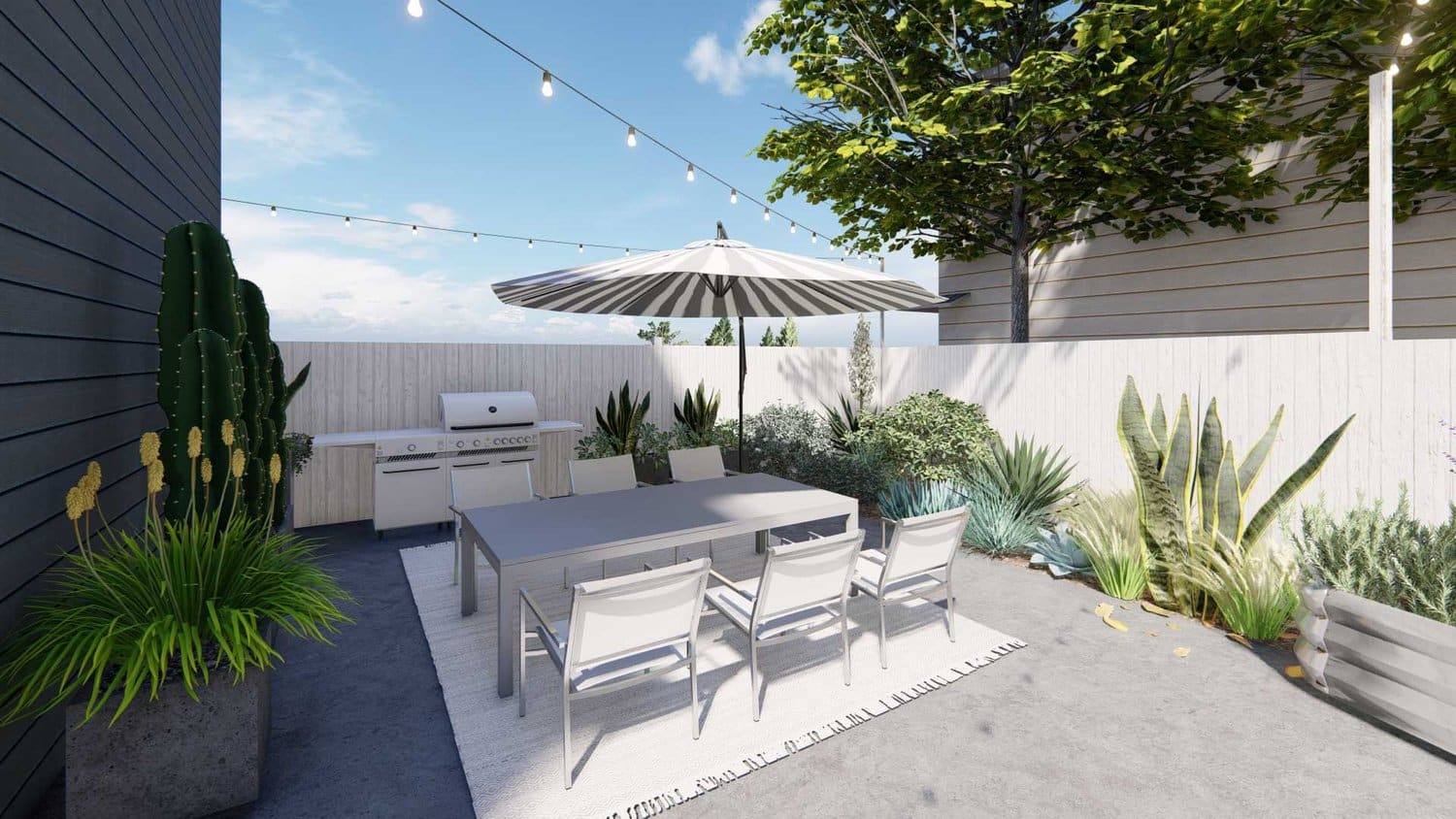 Los Angeles backyard patio with sunbrella over dining area, outdoor kitchen, string lights, tree and plants