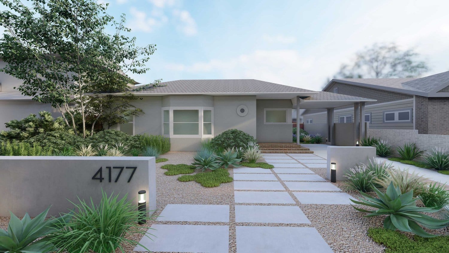 Los Angeles gravel front yard with concrete paver walkway, plants and tree