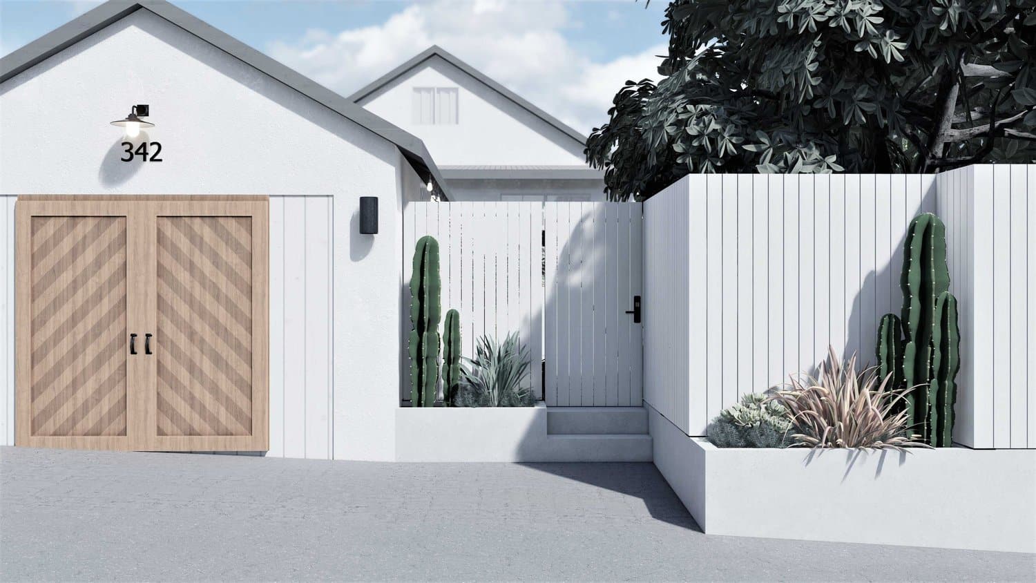 Los Angeles concrete front yard with wooden fence, plants, and tree