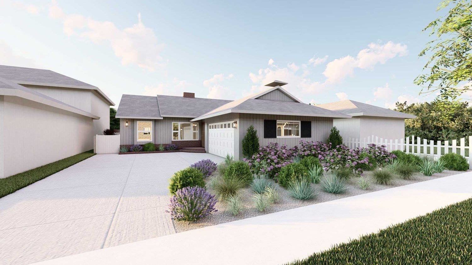 Los Angeles concrete paved front yard with drought tolerant plants in gravel, grass planting and fence