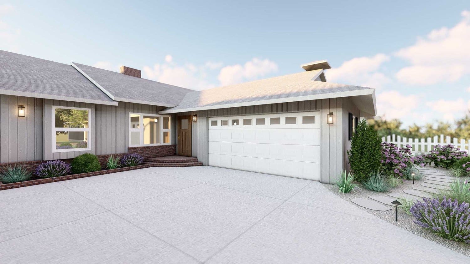 Los Angeles full front yard with interlocking concrete pavers with drought tolerant plants and curved paved walkway