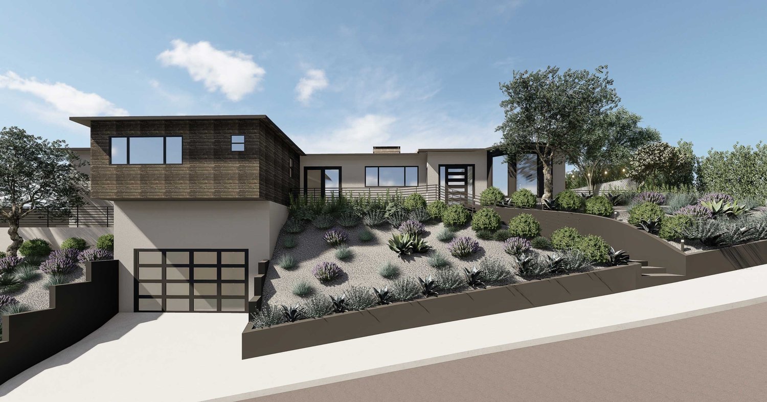 Los Angeles landscape design with drought tolerant plants in gravel, trees, with paver walkway