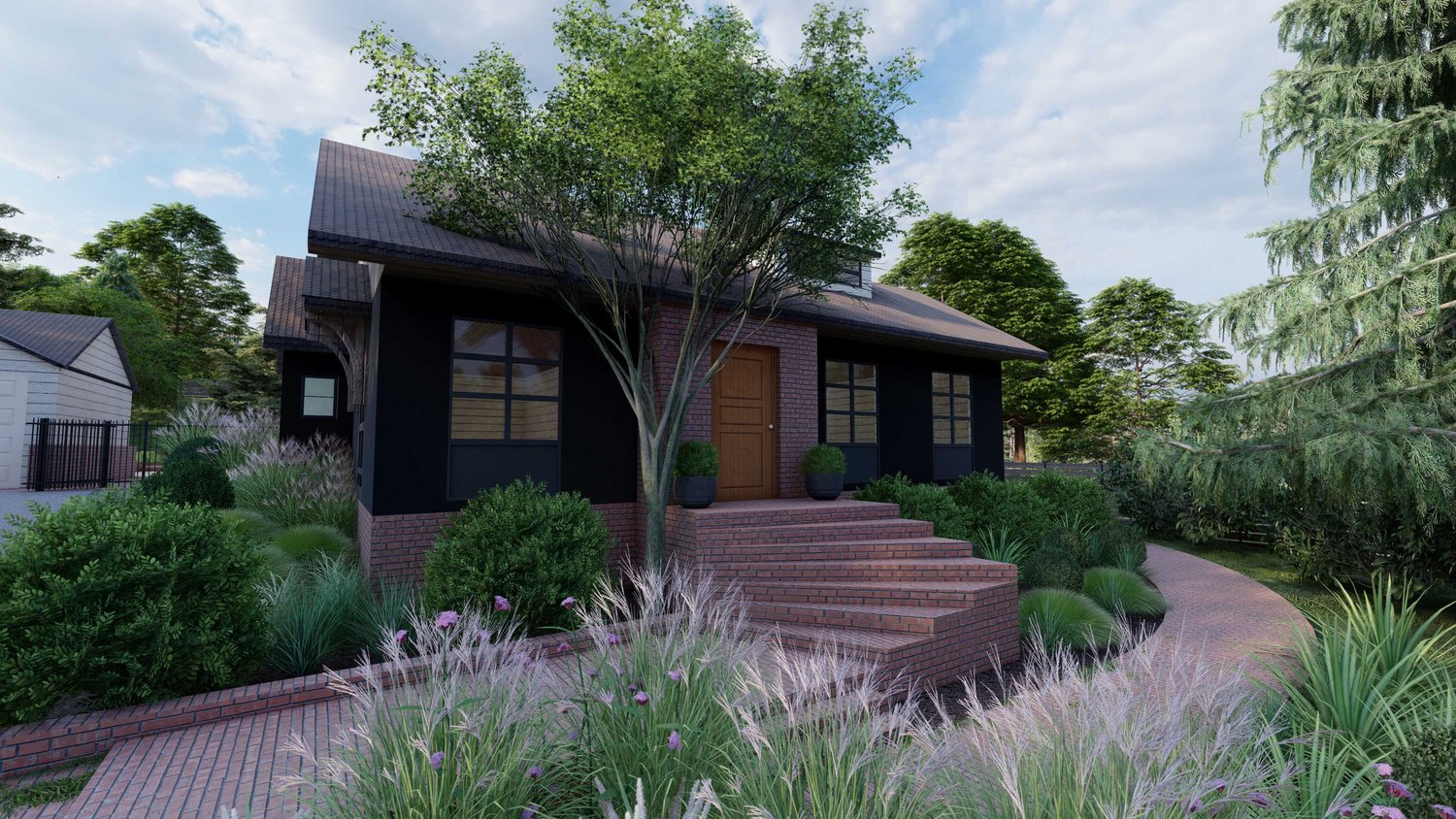 Mill Valley front yard curb appeal with paved walkway and stairway