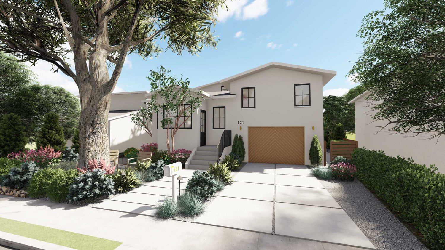 Mill Valley gravel and concrete paver front yard with trees, plants and chairs