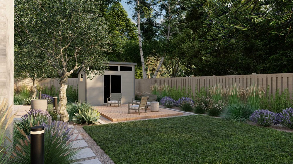 Fenced backyard with sod and plants in Palo Alto