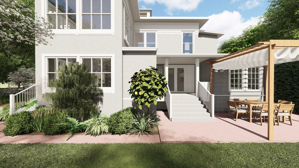 Palo Alto front yard with Pergola-covered Patio and plants