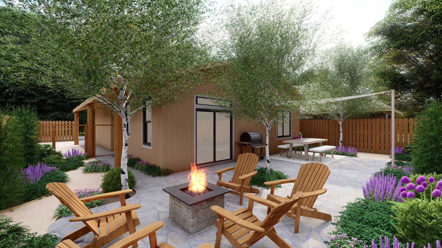 Park City concrete paver garden area with fire pit and adirondack chairs, outdoor kitchen and dining area