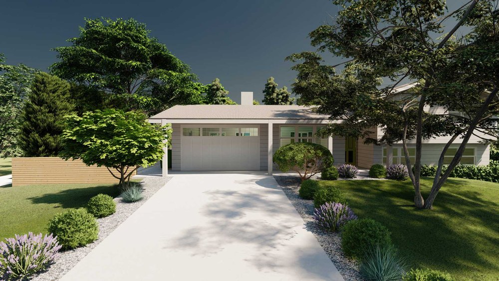 Portland front yard showing driveway with trees and flowers