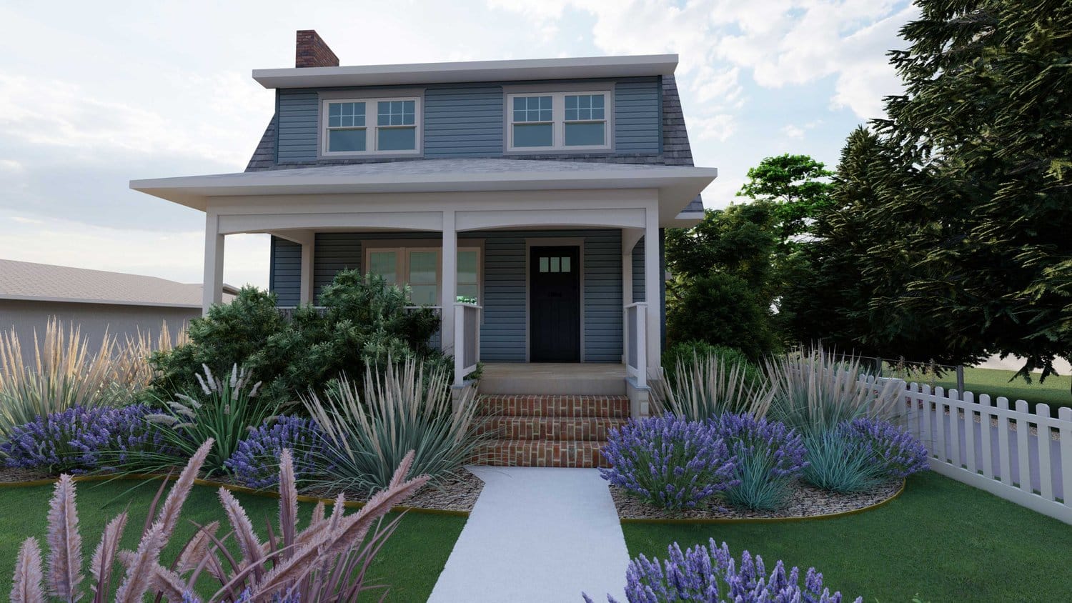 Potomac front yard with concrete walk way and greenery on both sides