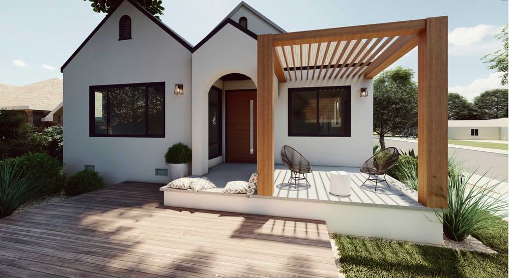 Sacramento front yard with wooden flooring and lawn area with grasses, alongside deck patio with pergola over seating area