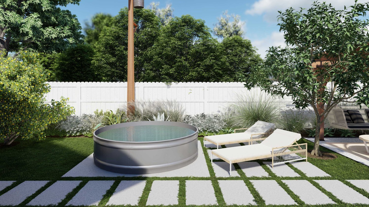 Sacramento backyard with paver path, a tank pool with sun lounger set, trees and plants