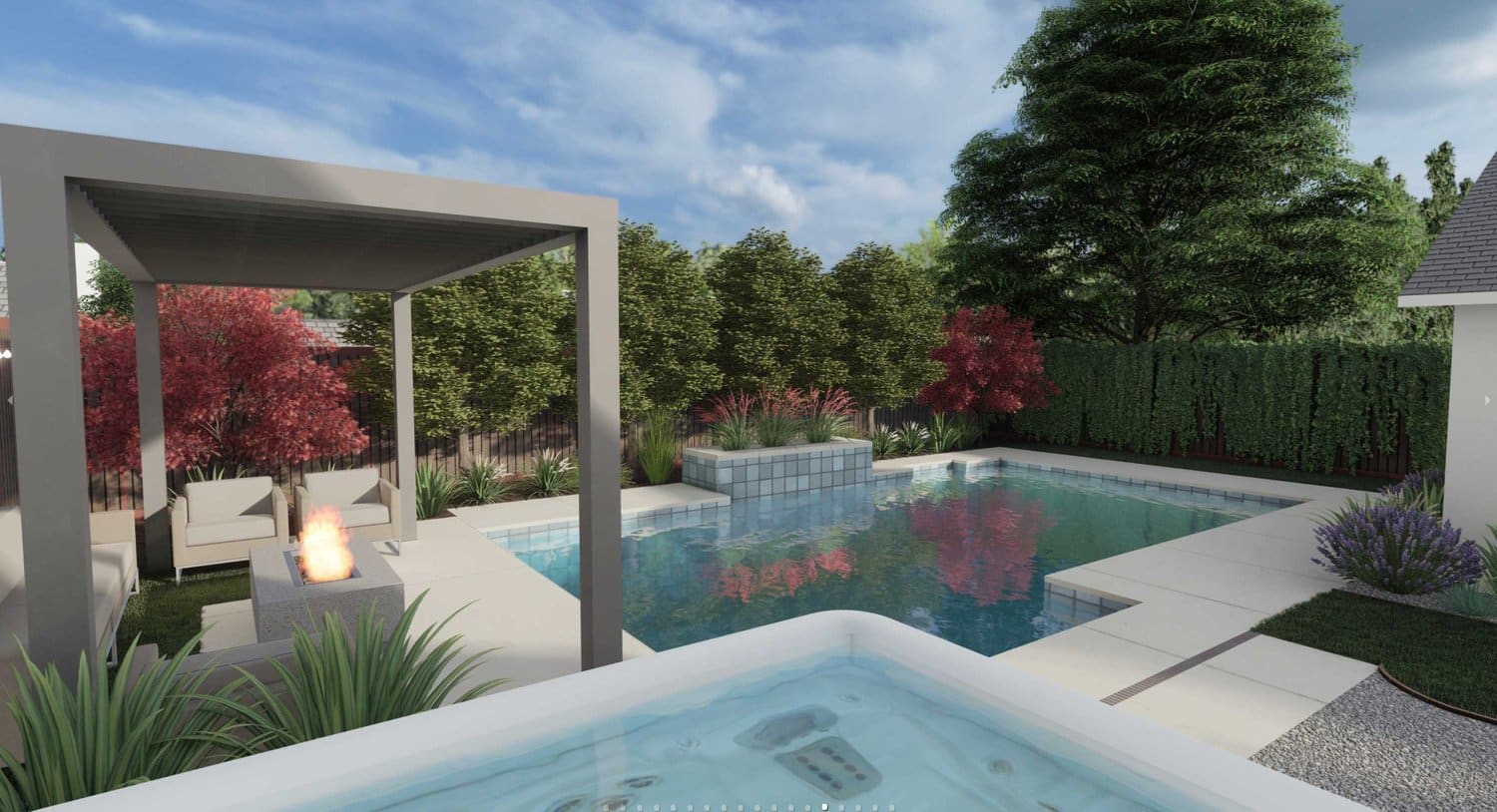 Sacramento pool with tiled deck, pergola over fire pit seating area, decorative fence, plants and trees and hot tub in foreground