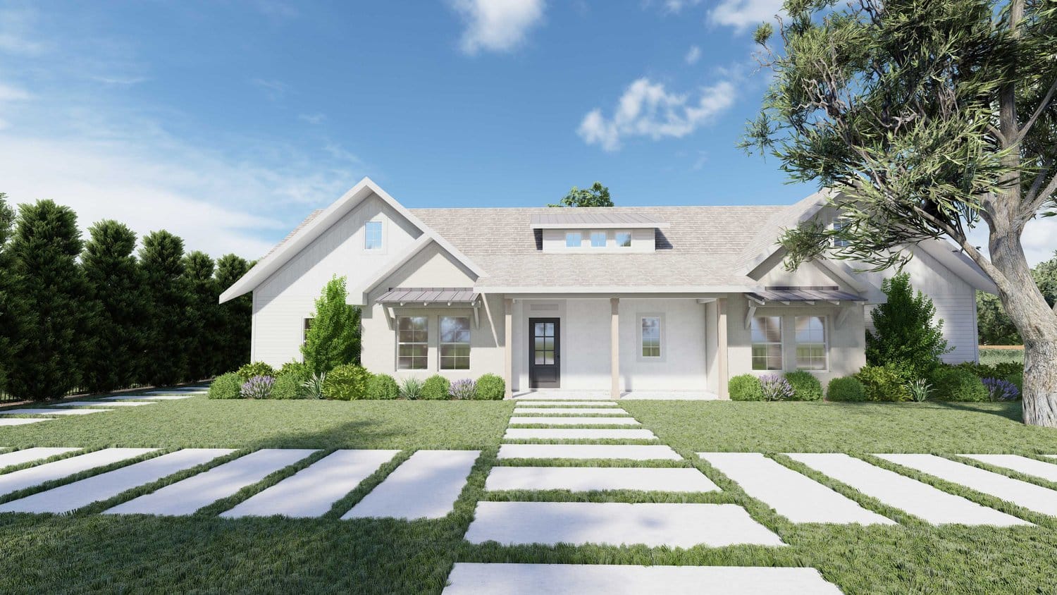 San Antonio front yard showing lawn with paver pathways, trees, and plants