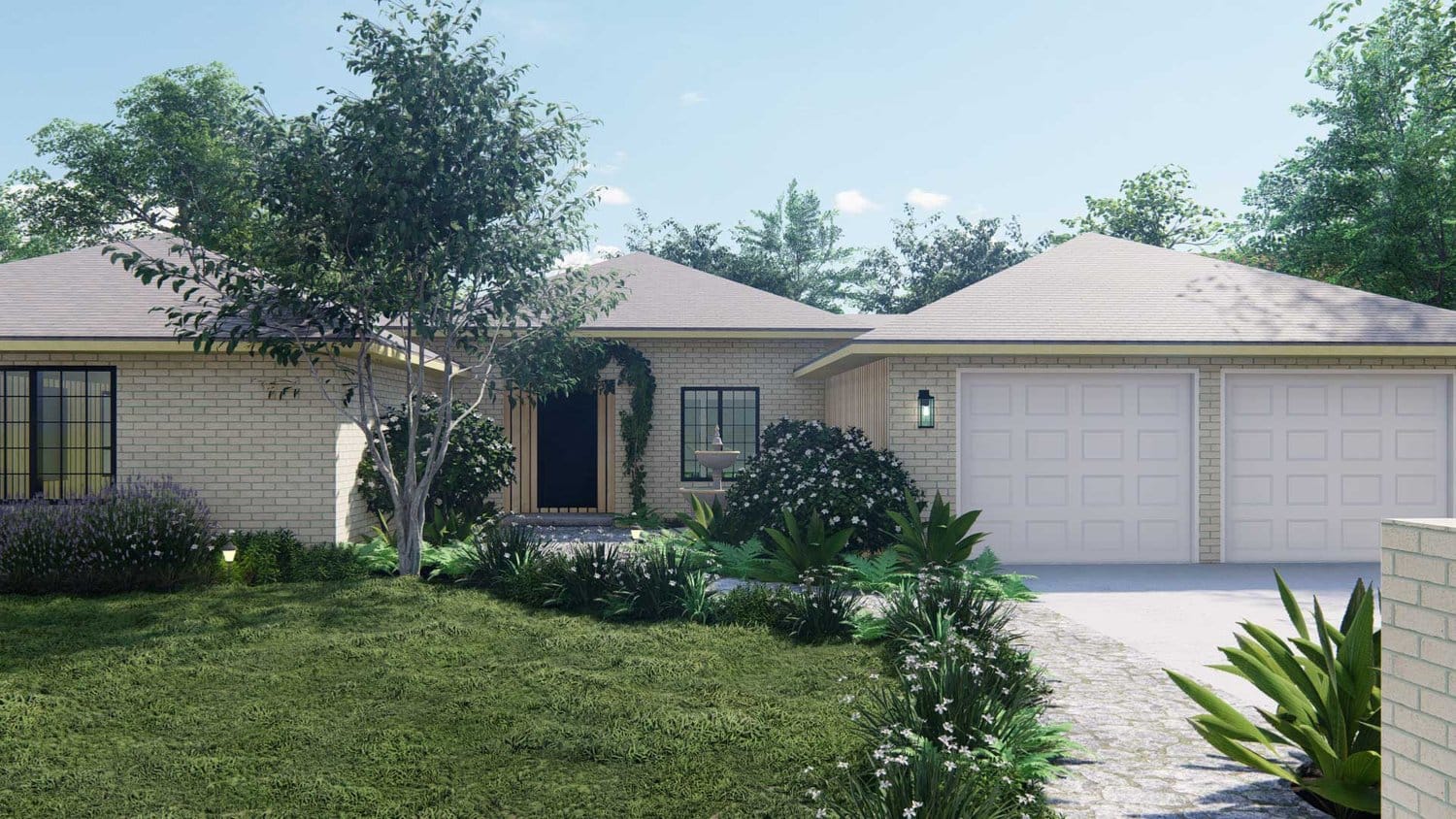 San Antonio side yard showing grass alternative planting with flowers and tree