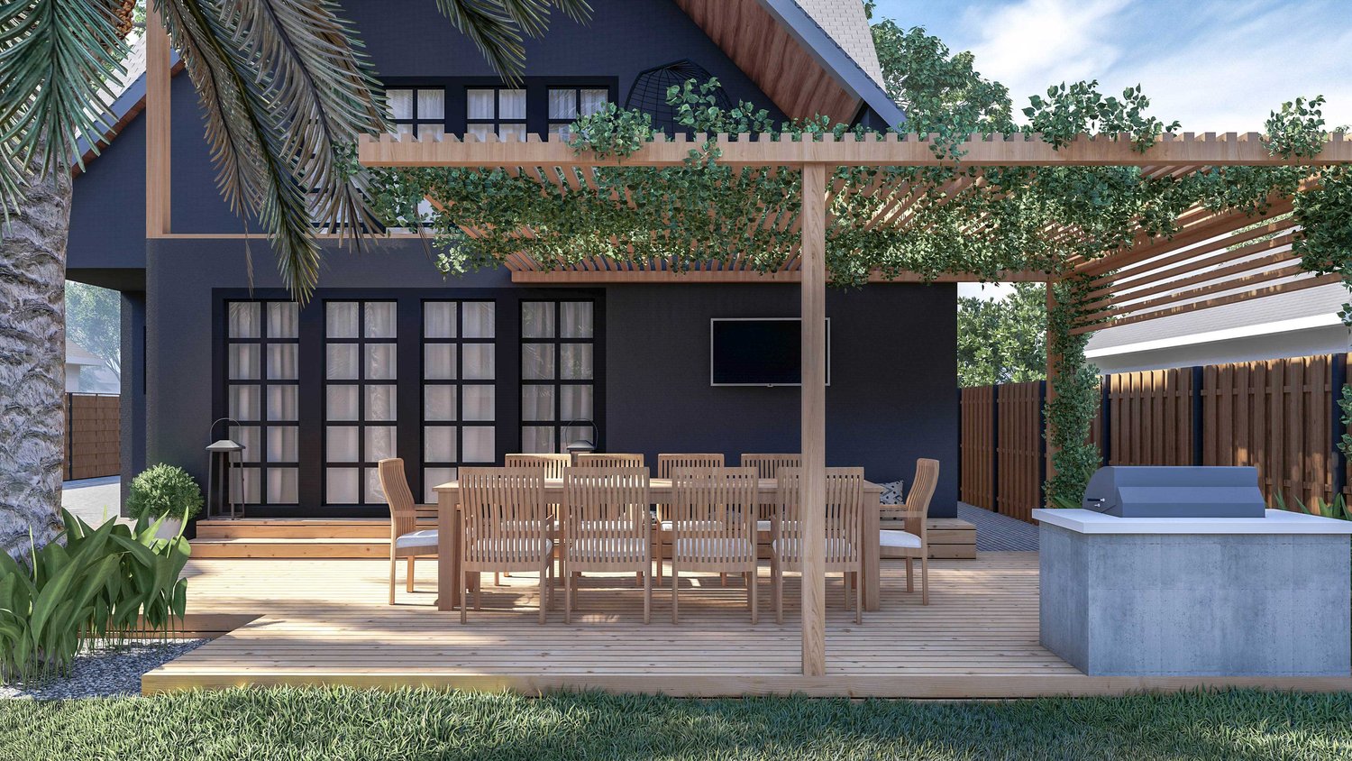 San Jose backyard Dining area with trellis and hanging plants