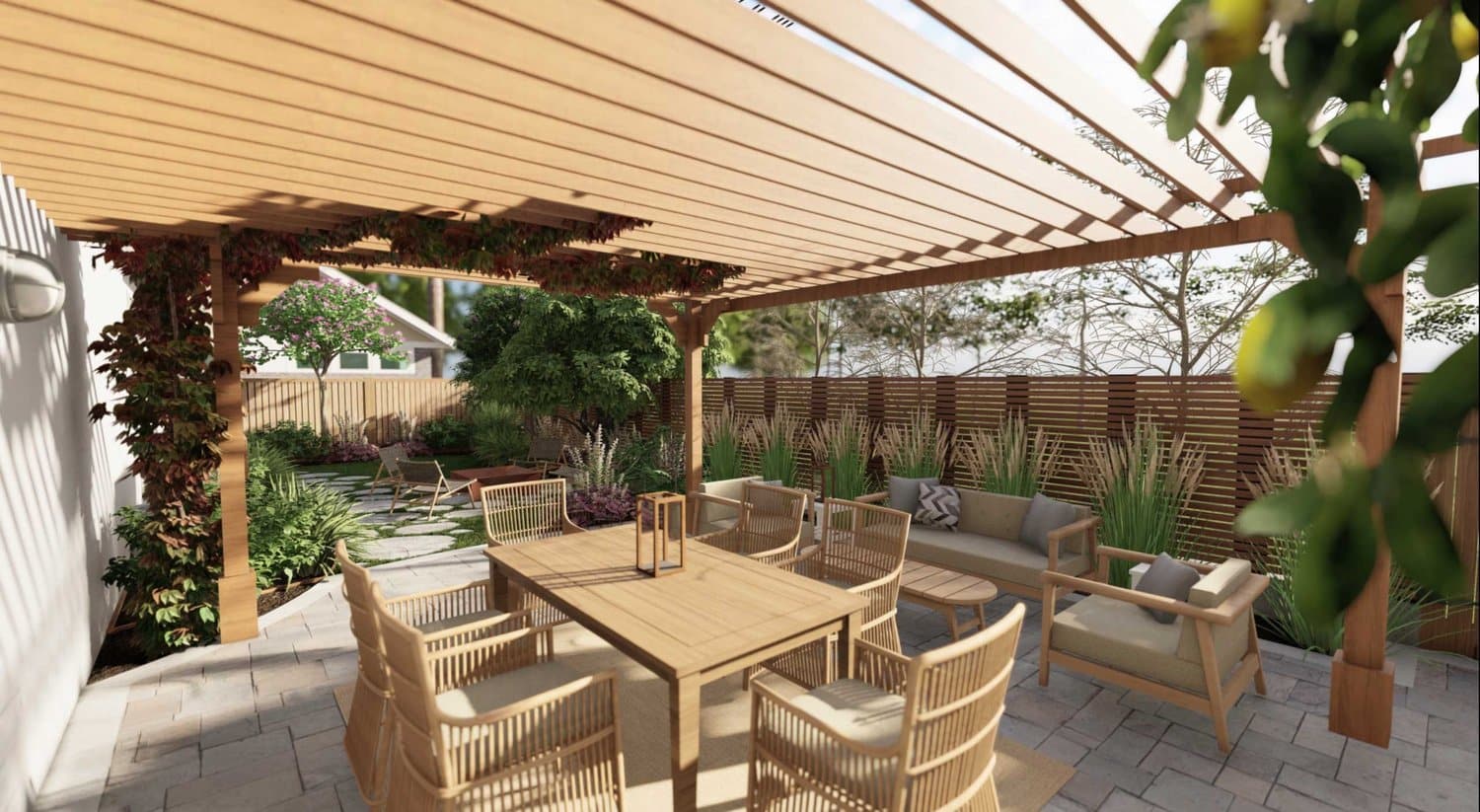 San Jose yard with dining area, trellis above and plants in planters