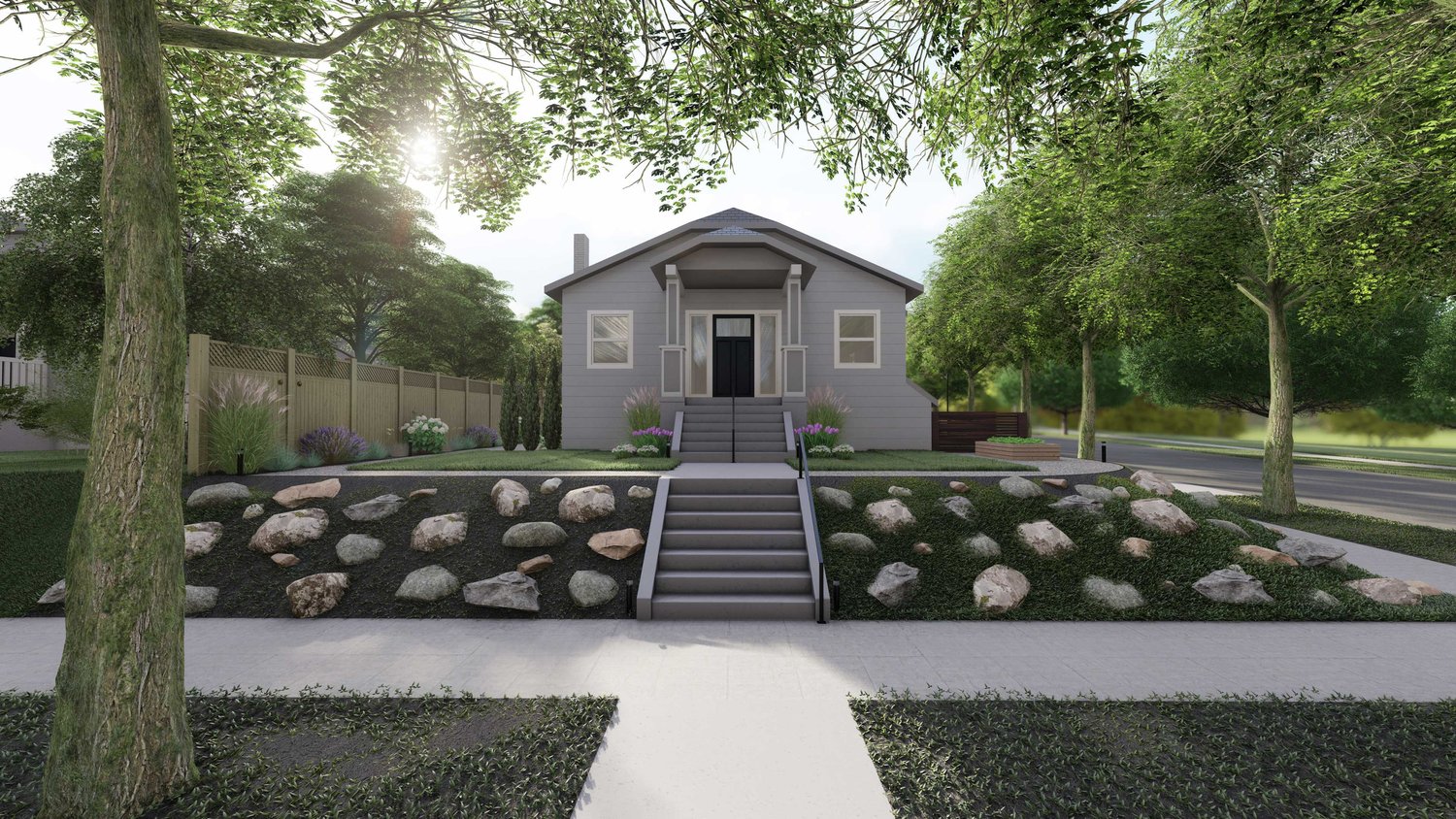 front yard with steps and stone designs