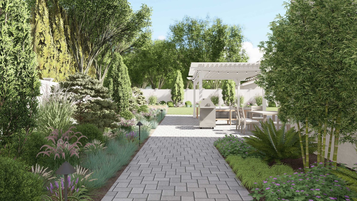 Stamford yard with concrete walkway with plants on the side and an outdoor kitchen