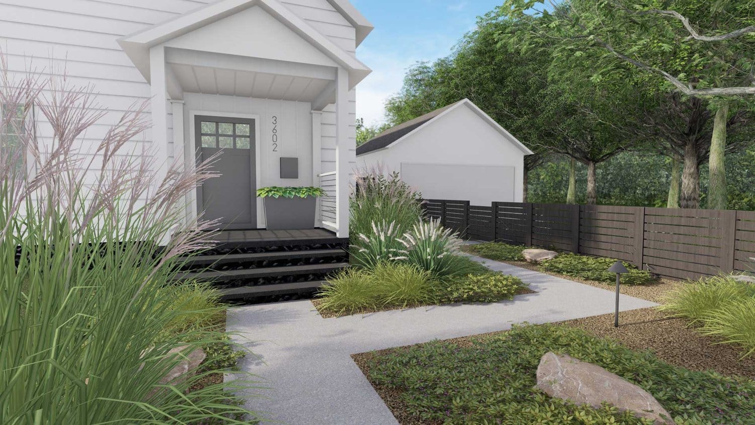 Bellevue yard with concrete floors and plants on different sides with steps leading up to the house