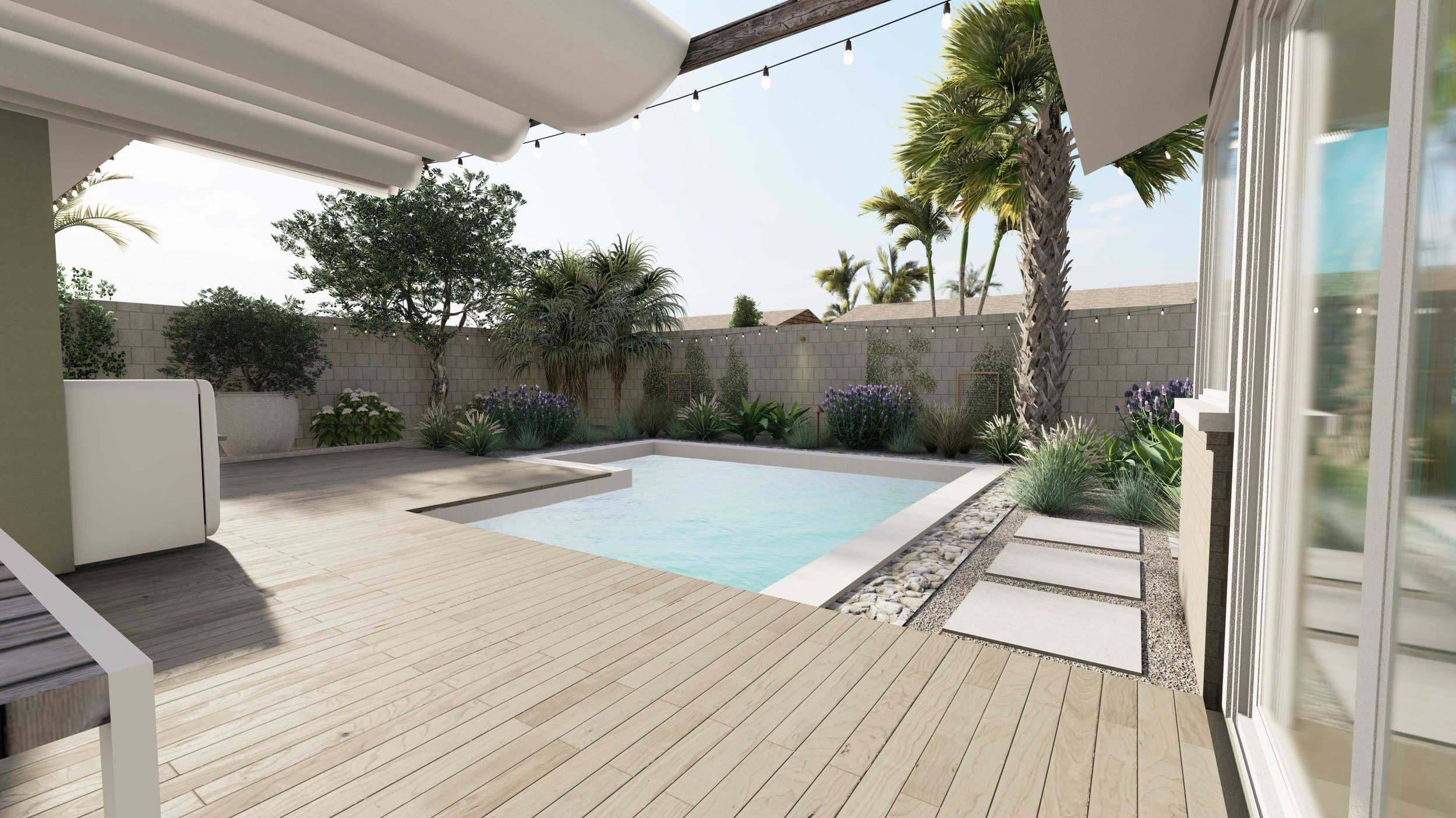 wooden deck and pool in a backyard with pergola in foreground