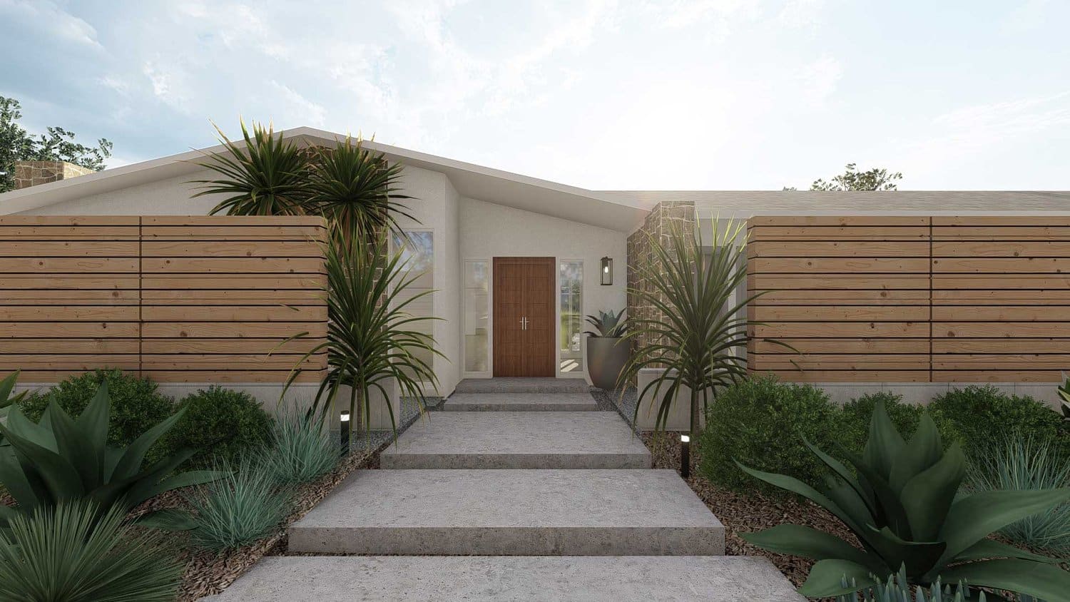 Thousand Oaks front yard showing concrete steps path with plants and raised walls on both sides